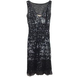Scala Sequin Mesh Midi Sheath Dress Sleeveless Sheer Lined V-Neck Black Small
